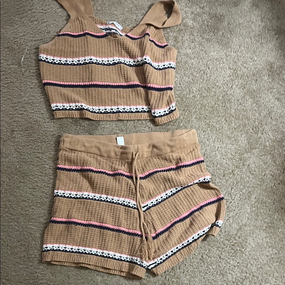 Tan Striped Crop Top and Shorts Set